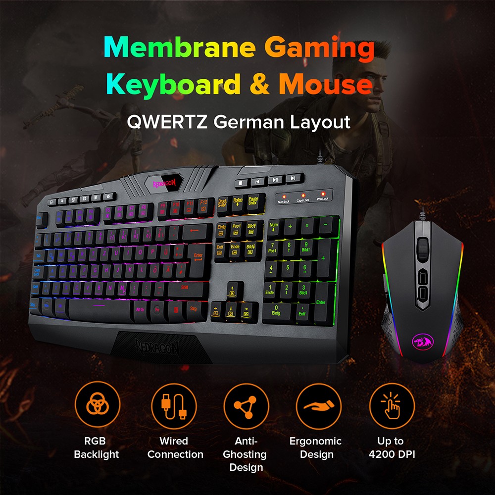 Redragon S101-K-DE Kabelgebundene Tastatur- und Mauskombination, RGB-Tastatur mit Hintergrundbeleuchtung, 4200-DPI-Maus, deutsches QWERTZ-Layout, Schwarz
