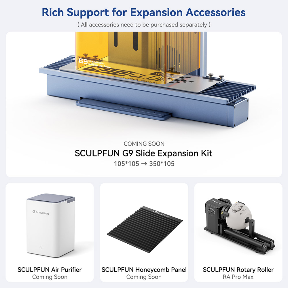 SCULPFUN G9 Dual Laser Marking Machine, Class I, 2W 1064nm Infrared & 10W 455nm Diode Blue, 5000mm/s Ultra High Speed, 0.001mm Accuracy, Protective Cover, 105*105mm, Electric Lift Focus, SGD Laser/ Lightburn