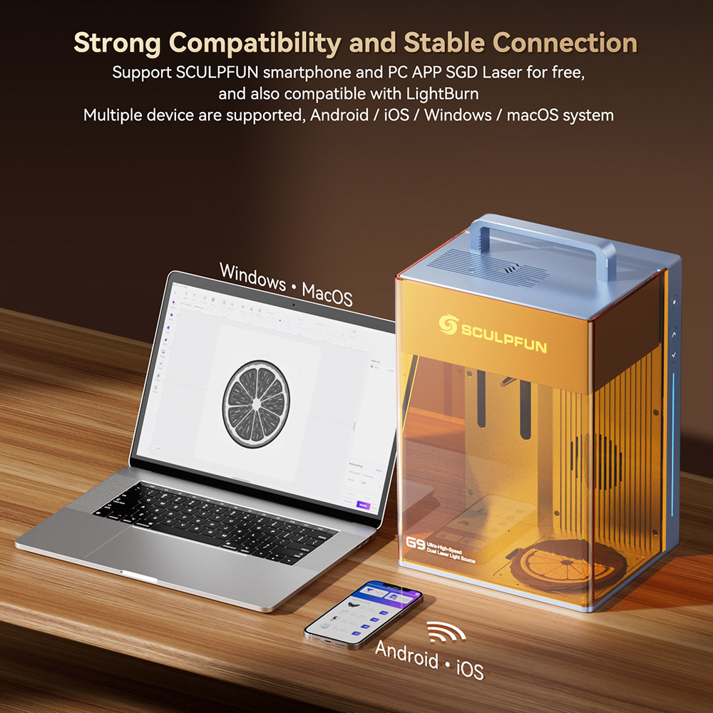 SCULPFUN G9 Dual Laser Marking Machine, Class I, 2W 1064nm Infrared & 10W 455nm Diode Blue, 5000mm/s Ultra High Speed, 0.001mm Accuracy, Protective Cover, 105*105mm, Electric Lift Focus, SGD Laser/ Lightburn