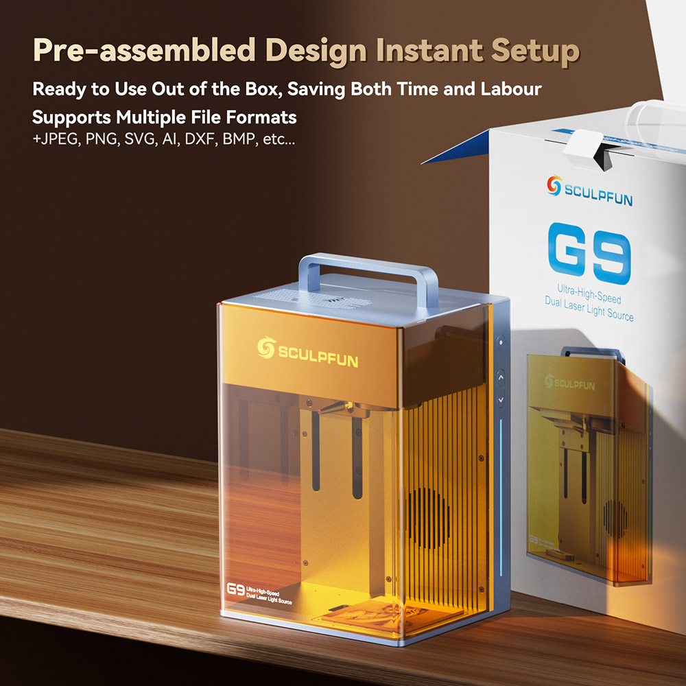 SCULPFUN G9 Dual Laser Marking Machine, Class I, 2W 1064nm Infrared & 10W 455nm Diode Blue, 5000mm/s Ultra High Speed, 0.001mm Accuracy, Protective Cover, 105*105mm, Electric Lift Focus, SGD Laser/ Lightburn