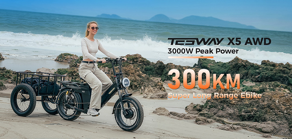 TESWAY X5 AWD Electric Bike, 1000W*2 Motor, 52V 60Ah Battery, 20*4 inch Tires, 60km/h Max Speed, 300km Max Range, Dual Hydraulic Brakes, Full Suspension, Shimano 7-speed - Red