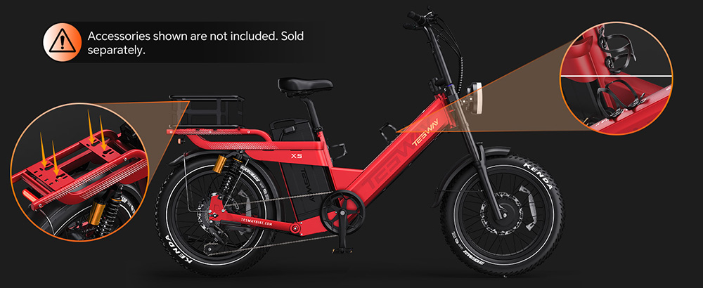 TESWAY X5 AWD Electric Bike, 1000W*2 Motor, 52V 60Ah Battery, 20*4 inch Tires, 60km/h Max Speed, 300km Max Range, Dual Hydraulic Brakes, Full Suspension, Shimano 7-speed - Red