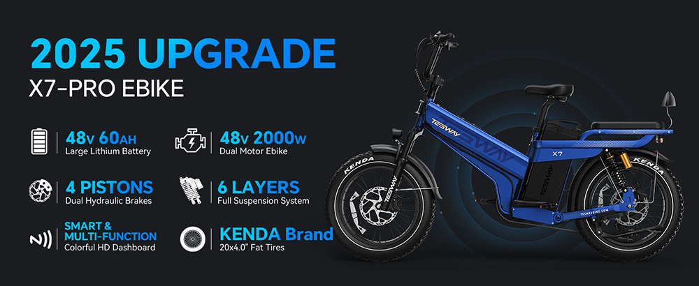 TESWAY X7 Pro Elektrofahrrad, 1000-W-Motor, 48-V-60-Ah-Akku, 20 x 4-Zoll-Reifen, 50 km/h Höchstgeschwindigkeit, 320 km maximale Reichweite, doppelte hydraulische Bremsen, Vollfederung, Shimano 7-Gang-Schaltung – Schwarz