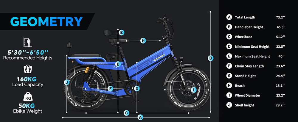 TESWAY X7 Pro Elektrofahrrad, 1000-W-Motor, 48-V-60-Ah-Akku, 20 x 4-Zoll-Reifen, 50 km/h Höchstgeschwindigkeit, 320 km maximale Reichweite, doppelte hydraulische Bremsen, Vollfederung, Shimano 7-Gang-Schaltung – Schwarz