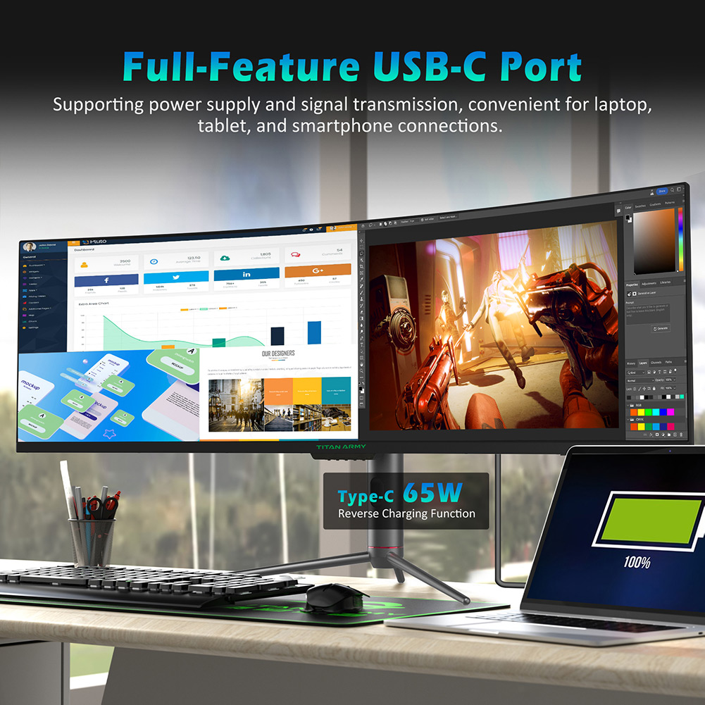 Refurbished TITAN ARMY C49SHC 49-inch Gaming Monitor, 3840*1080 CSOT HVA Panel, 32:9 Oversized Curved Screen, 144Hz High Refresh Rate, Adaptive-Sync, 1*HDMI 2.0 1*DP 1.4 1*Full-Feature USB-C 1*USB-B 2*USB-A, 65W Reverse Charging