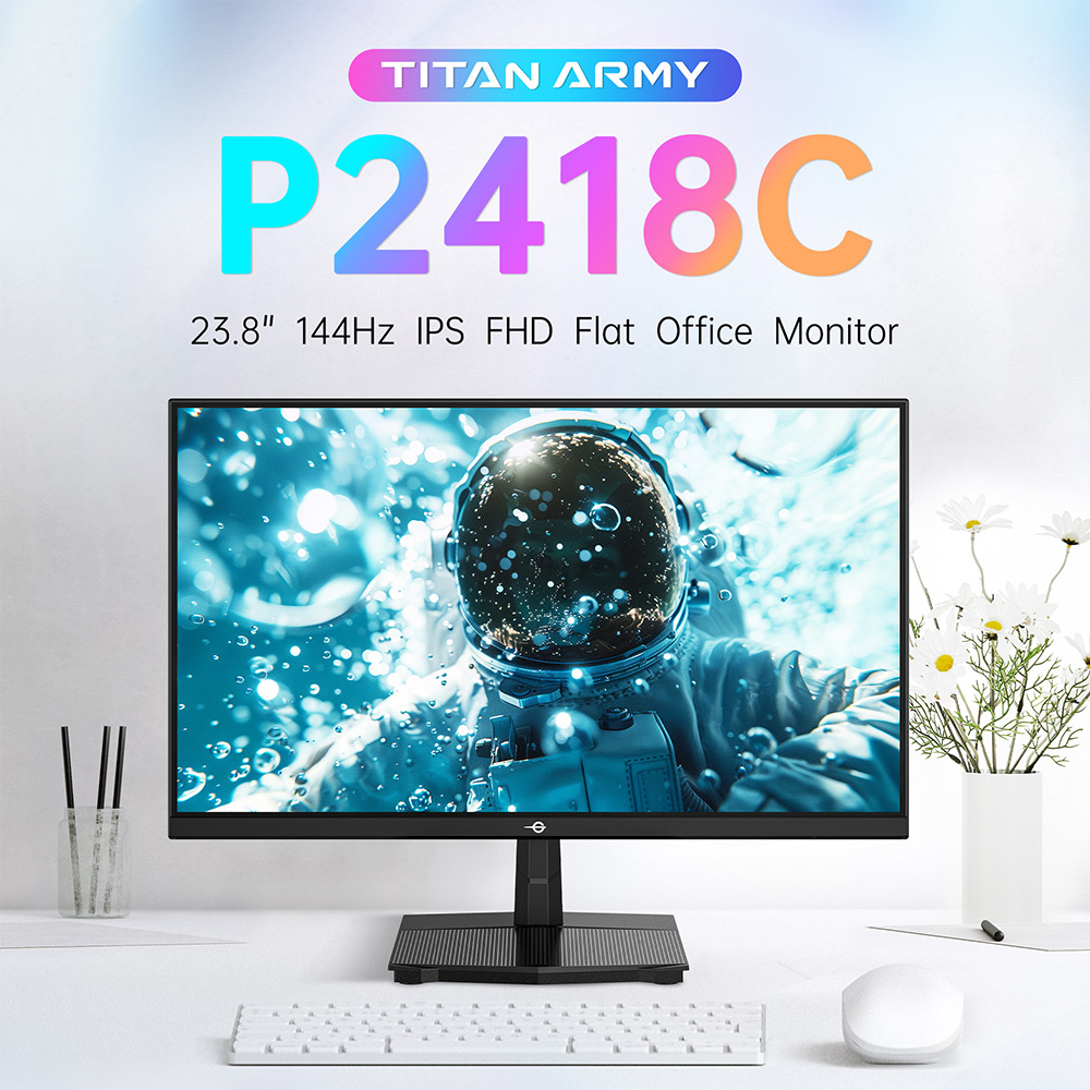 Refurbished TITAN ARMY P2418C Office Monitor, 23.8 inch 1920*1080 16:9 CSOT IPS Screen, 144Hz Refresh Rate, 1500:1 Contrast Ratio, 178° Viewing Angle, HDR400, 6 Scenario Modes, Low Blue Light & Flicker-free, Supports VESA Mount