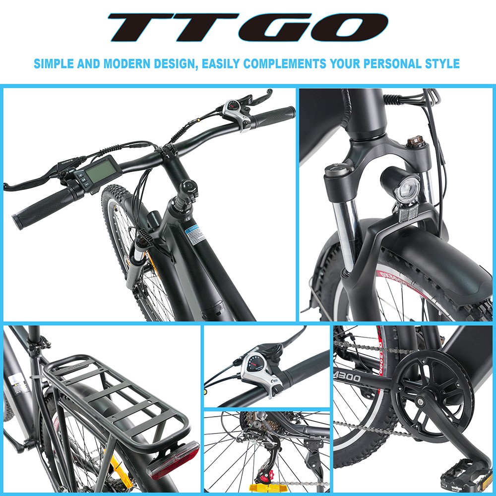 TTGO M300 Elektrofahrrad, 250-W-Motor, 36-V-20-Ah-Akku, 27,5-Zoll-Reifen, 25 km/h Höchstgeschwindigkeit, 120 km maximale Reichweite, mechanische Scheibenbremse, Drehmomentsensor, Shimano 7-Gang, LCD-Display – Schwarz