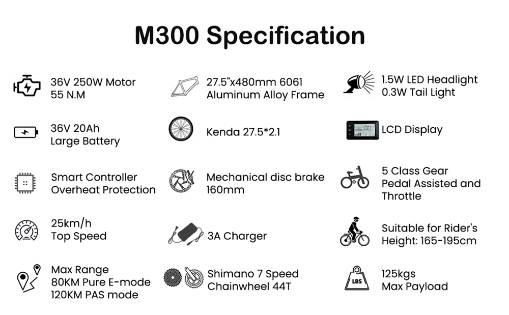 TTGO M300 Elektrofahrrad, 250-W-Motor, 36-V-20-Ah-Akku, 27,5-Zoll-Reifen, 25 km/h Höchstgeschwindigkeit, 120 km maximale Reichweite, mechanische Scheibenbremse, Drehmomentsensor, Shimano 7-Gang, LCD-Display – Schwarz