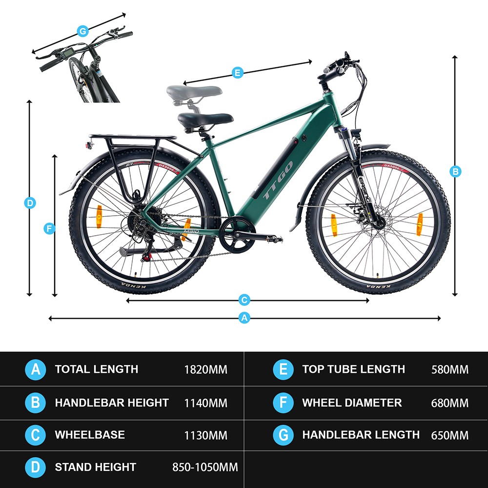 TTGO M310 Elektrofahrrad, 500-W-Motor, 48-V-15-Ah-Akku, 27,5-Zoll-Reifen, 25 km/h Höchstgeschwindigkeit, 100 km maximale Reichweite, mechanische Scheibenbremse, Shimano 7-Gang, LCD-Display – Grün