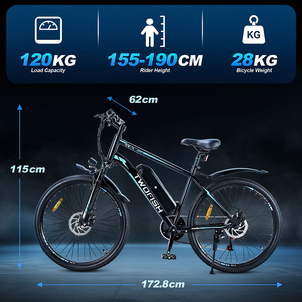 TWOFISH TF-1 Electric Bike, 250W Motor, 36V 15Ah Battery, 26 inch Tires, 25km/h Max Speed, 100km Max Range, Disc Brakes, Front Suspension, LCD Display - Red