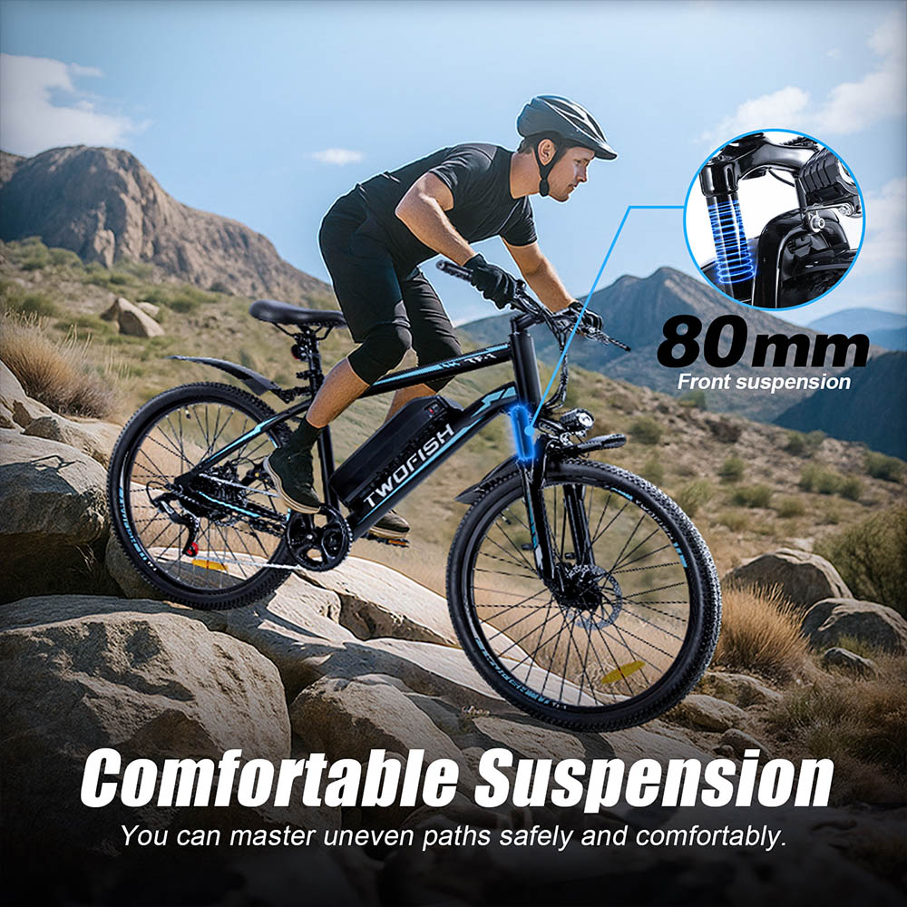 TWOFISH TF-1 Electric Bike, 250W Motor, 36V 15Ah Battery, 26 inch Tires, 25km/h Max Speed, 100km Max Range, Disc Brakes, Front Suspension, LCD Display - Red