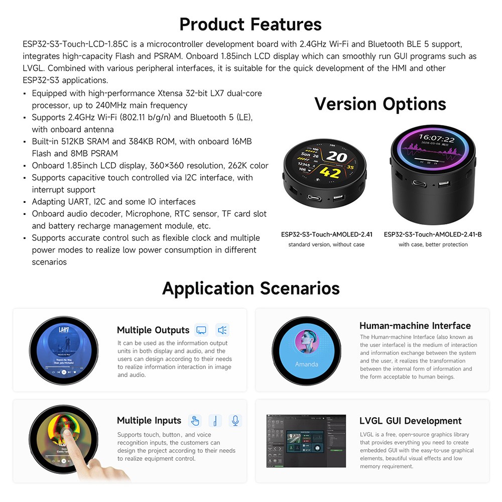 Waveshare ESP32-S3 1.85inch Round LCD Development Board, 360×360, Up to 240MHz Frequency, Supports Wi-Fi & Bluetooth, AI Speech, Smart Speaker, Battery Included