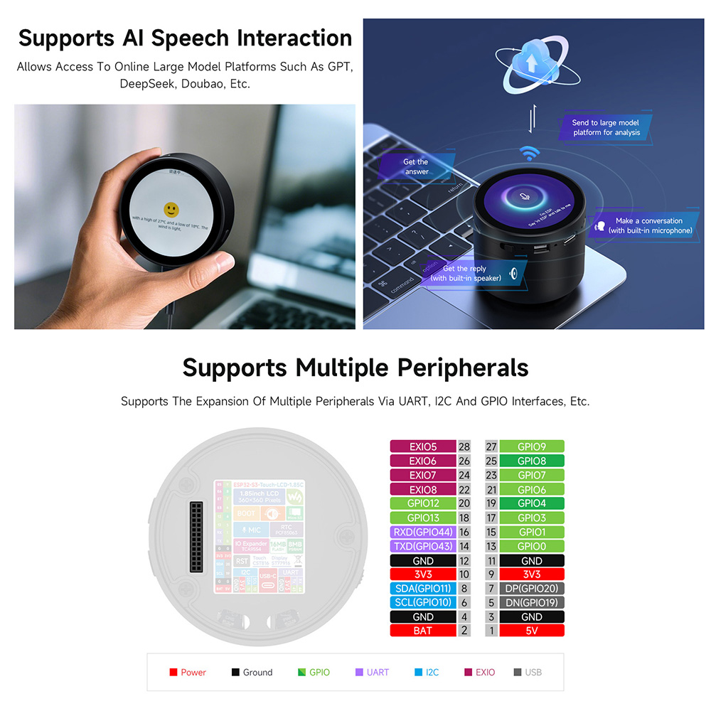 Waveshare ESP32-S3 1.85inch Round LCD Development Board, 360×360, Up to 240MHz Frequency, Supports Wi-Fi & Bluetooth, AI Speech, Smart Speaker, Battery Included