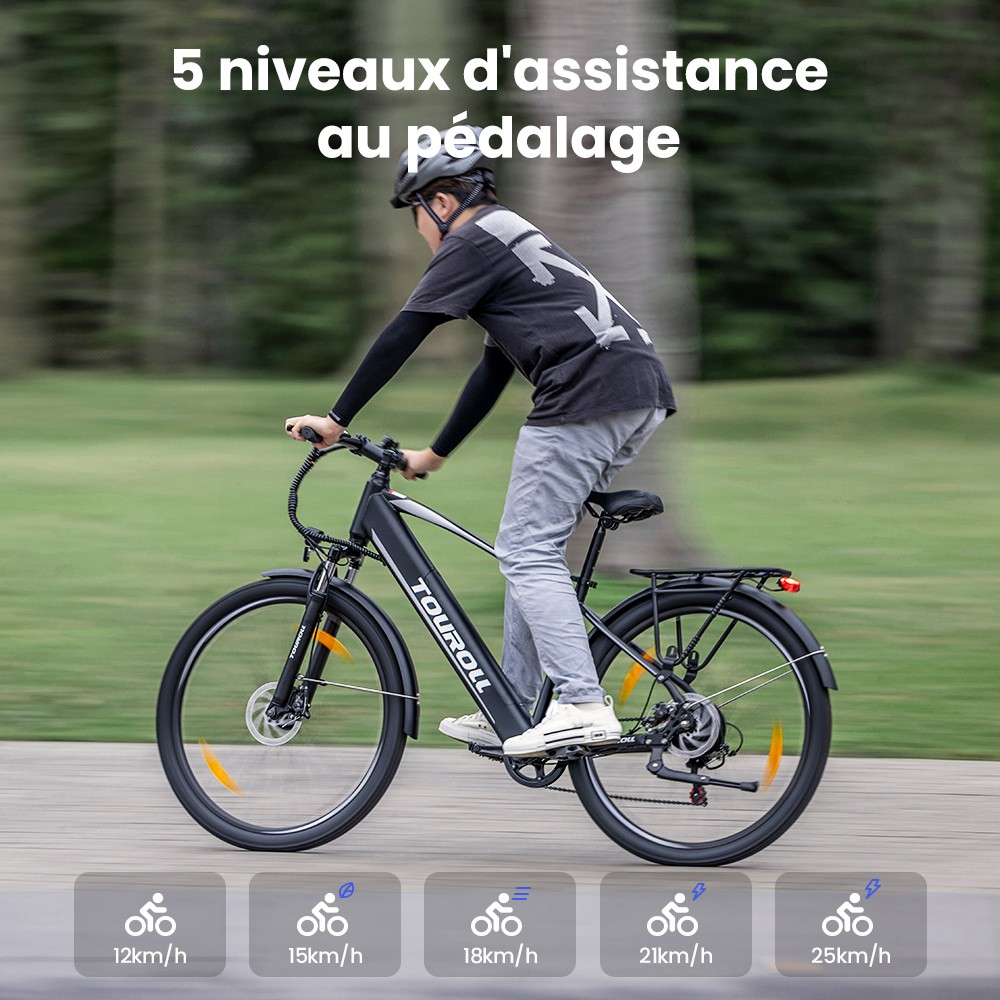 Touroll J1 Vélo de randonnée, 27,5 pouces, avec moteur 250 W, batterie 36 V 15,6 Ah, autonomie maximale 100 km, écran LCD 1,8