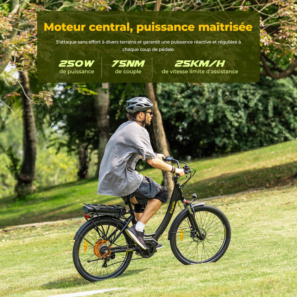 Eleglide C2 Vélo électrique, moteur central 250 W, batterie 36 V 13 Ah, pneus 26 pouces, vitesse maximale 25 km/h, autonomie 100 km, freins à disque hydrauliques, suspension avec blocage, transmission Shimano 7 vitesses