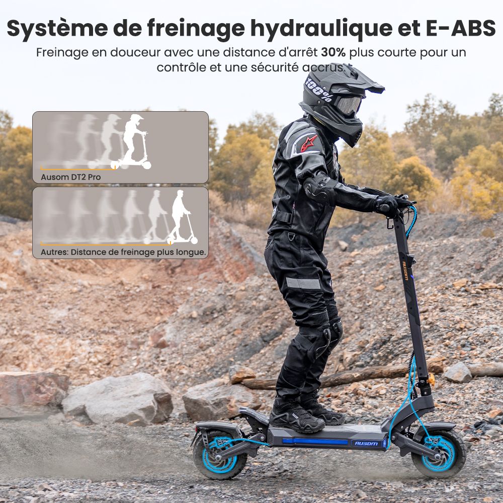 Ausom DT2 Pro Trottinette électrique, moteur 2 x 1 100 W, 52 V 23,4 Ah, pneus 10 x 3 pouces, vitesse maximale de 68 km/h, autonomie maximale de 115 km, freins à disque hydrauliques avant et arrière, suspension à bras oscillant