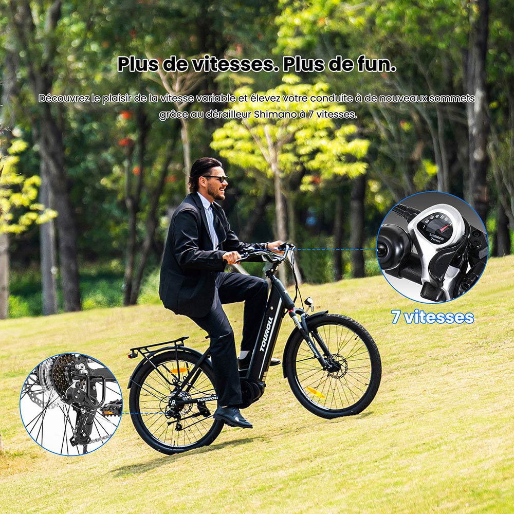Touroll MA1 Vélo électrique, moteur central 250 W, batterie 36 V 13 Ah, pneus 26 pouces, vitesse maximale 25 km/h, autonomie maximale 110 km, freins à disque hydrauliques, fourche à suspension avec blocage, Shimano 7 vitesses