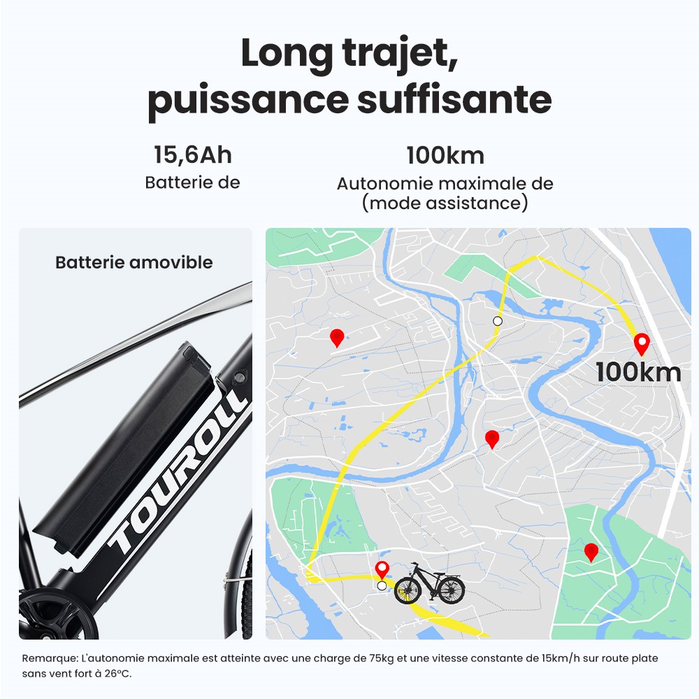 Touroll J1 Vélo de randonnée, 27,5 pouces, avec moteur 250 W, batterie 36 V 15,6 Ah, autonomie maximale 100 km, écran LCD 1,8