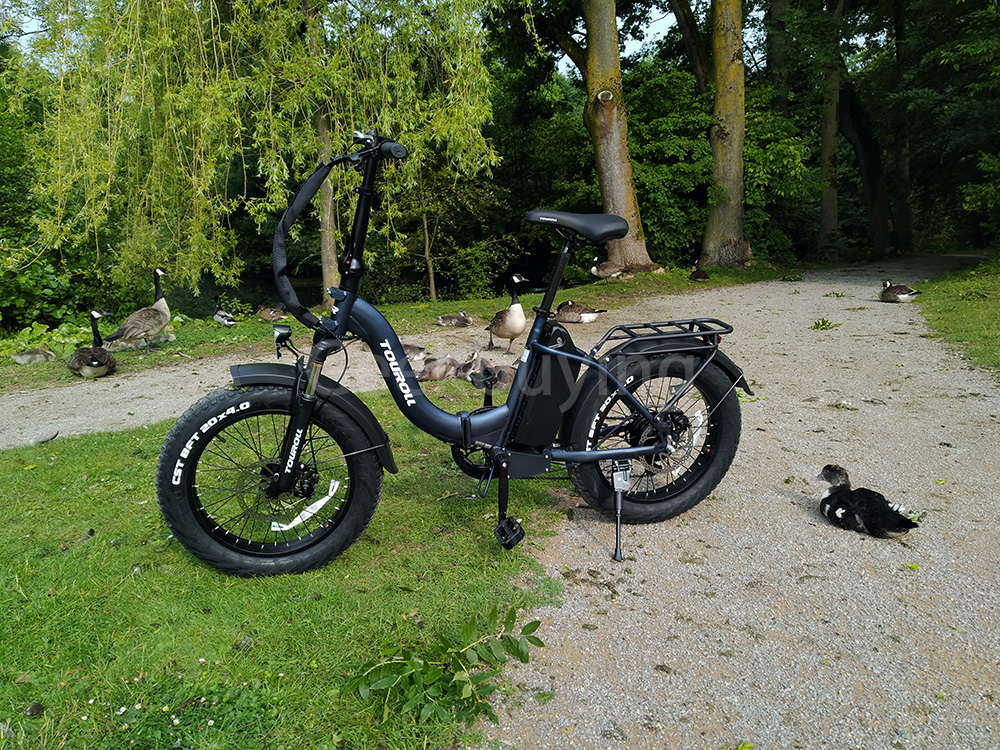 Touroll S2 Elektrofahrrad, 650 W max. Leistung, 48 V 15 Ah Akku, 20 x 4,0 Zoll Reifen, 25 km/h Max. Geschwindigkeit, 150 km max. Reichweite, mechanische Scheibenbremse & E-Bremse, mechanischer Stoßdämpfer, Shimano 7-Gang-Getriebe