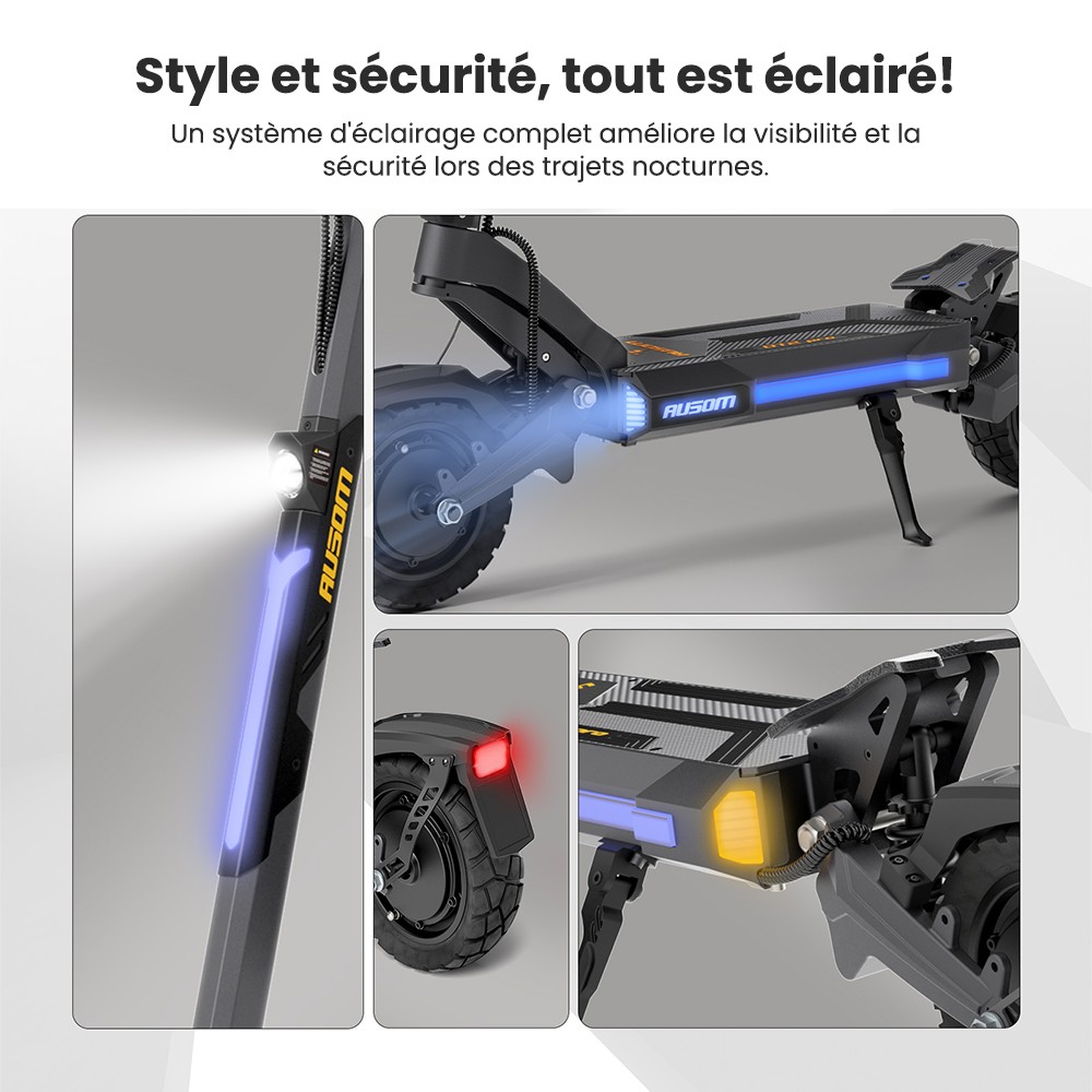 Ausom DT2 Pro Trottinette électrique, moteur 2 x 1 100 W, 52 V 23,4 Ah, pneus 10 x 3 pouces, vitesse maximale de 68 km/h, autonomie maximale de 115 km, freins à disque hydrauliques avant et arrière, suspension à bras oscillant