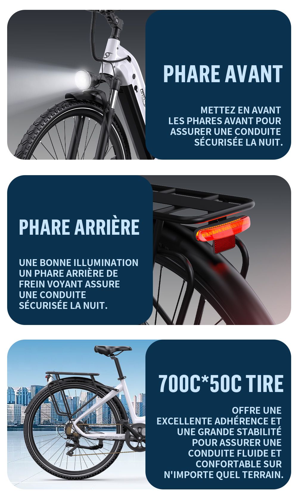 Onesport OT05 Pro Vélo électrique, moteur 250 W, batterie 36 V 22,5 Ah, pneus 700 x 50 C, vitesse maximale 25 km/h, autonomie 140 km, freins à disque hydrauliques, fourche à suspension avant, Shimano 7 vitesses - Blanc