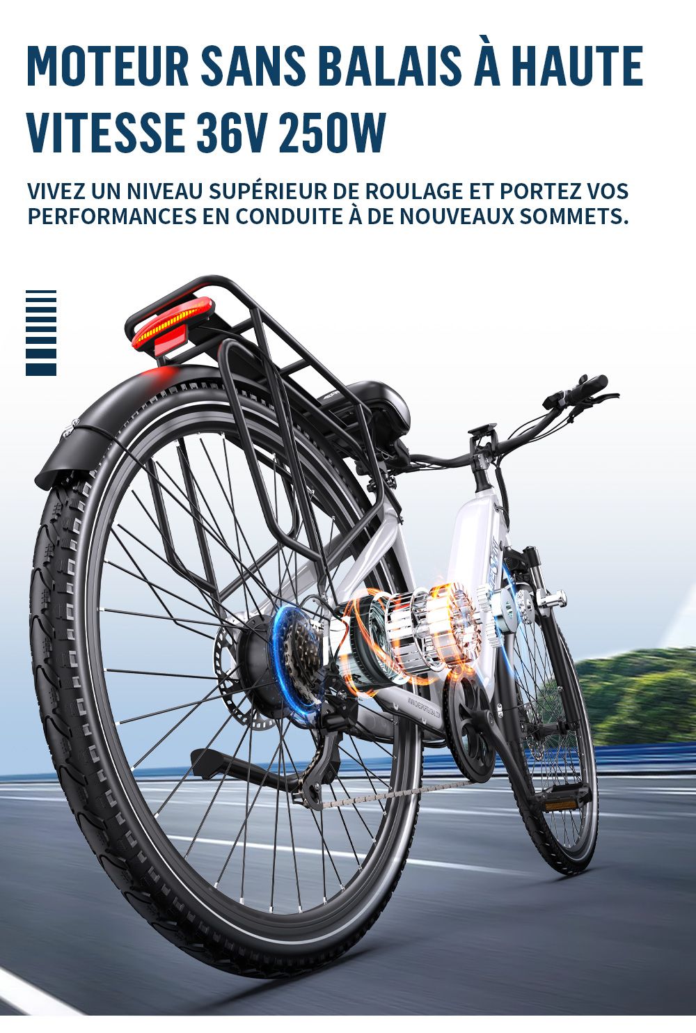 Onesport OT05 Pro Vélo électrique, moteur 250 W, batterie 36 V 22,5 Ah, pneus 700 x 50 C, vitesse maximale 25 km/h, autonomie 140 km, freins à disque hydrauliques, fourche à suspension avant, Shimano 7 vitesses - Blanc
