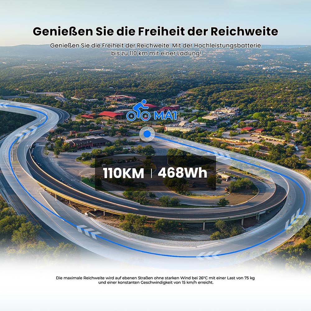 Touroll MA1 Elektrofahrrad, 250-W-Mittelmotor, 36-V-13-Ah-Akku, 26-Zoll-Reifen, 25 km/h Höchstgeschwindigkeit, 110 km maximale Reichweite, hydraulische Scheibenbremsen, Federgabel mit Verriegelung, Shimano 7-Gang