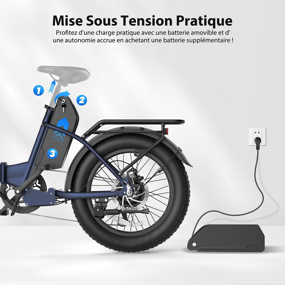 Touroll S2 Vélo électrique, puissance maximale de 650 W, batterie 48 V 15 Ah, pneu 20 x 4,0 pouces, vitesse maximale de 25 km/h, autonomie maximale de 150 km, frein à disque mécanique et frein électrique, amortisseur mécanique, Shimano 7 vitesses
