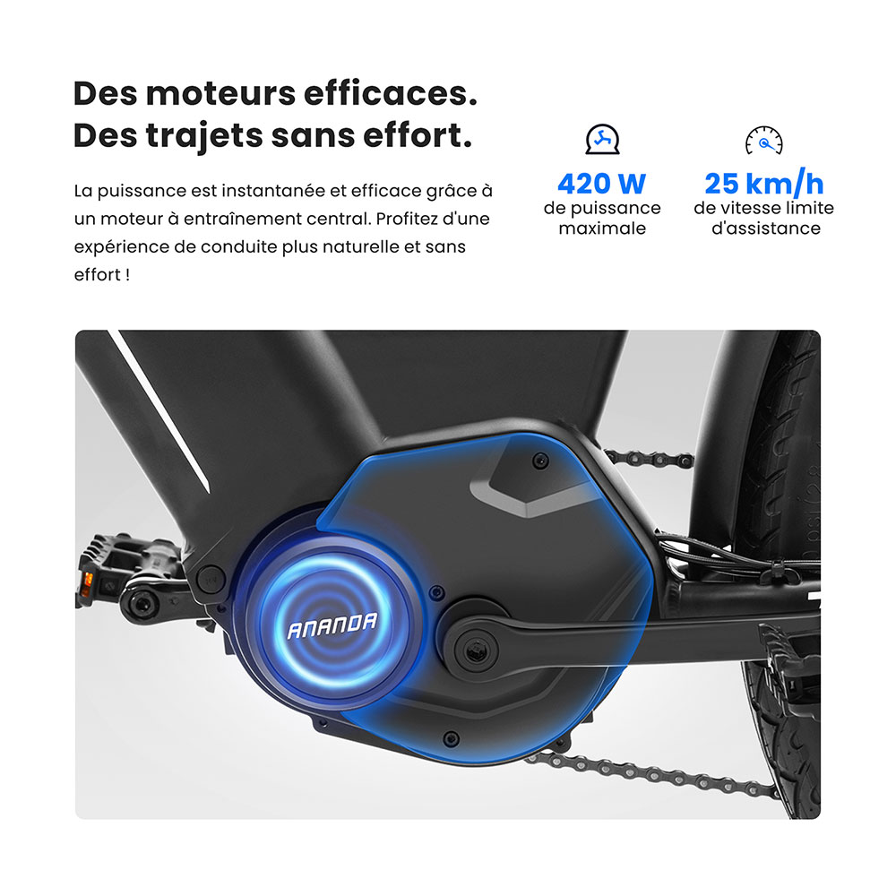 Touroll MA1 Vélo électrique, moteur central 250 W, batterie 36 V 13 Ah, pneus 26 pouces, vitesse maximale 25 km/h, autonomie maximale 110 km, freins à disque hydrauliques, fourche à suspension avec blocage, Shimano 7 vitesses