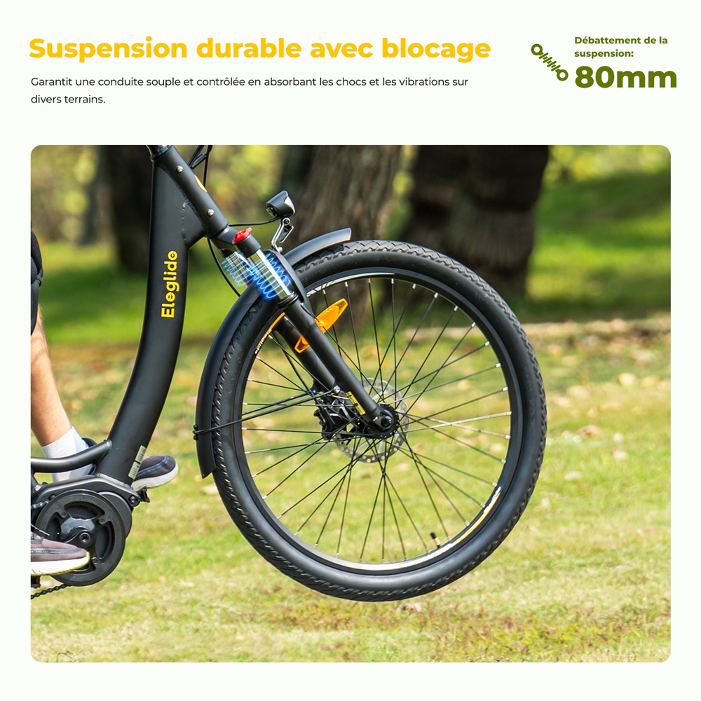 Eleglide C2 Vélo électrique, moteur central 250 W, batterie 36 V 13 Ah, pneus 26 pouces, vitesse maximale 25 km/h, autonomie 100 km, freins à disque hydrauliques, suspension avec blocage, transmission Shimano 7 vitesses