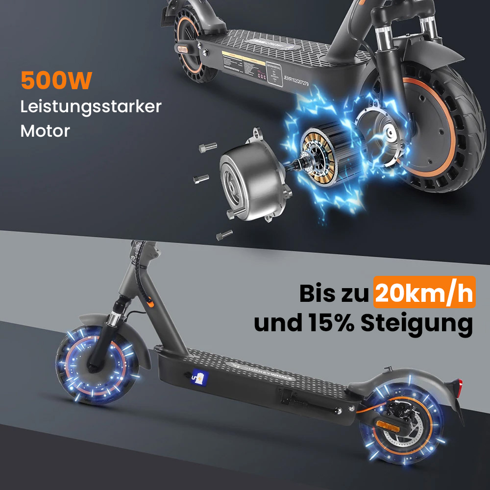 HONEY WHALE E9 MAX Elektroroller, 500-W-Motor, 36-V-10-Ah-Akku, 10-Zoll-Reifen, 20 km/h Höchstgeschwindigkeit, 35–40 km Reichweite, mechanische Bremse und elektronische Bremse, ABE-Zertifizierung
