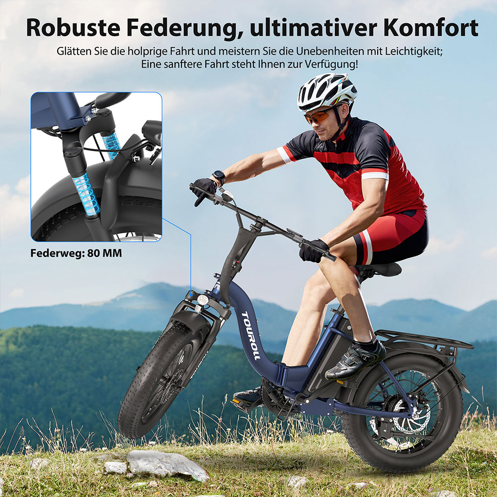 Touroll S2 Elektrofahrrad, 650 W max. Leistung, 48 V 15 Ah Akku, 20 x 4,0 Zoll Reifen, 25 km/h Max. Geschwindigkeit, 150 km max. Reichweite, mechanische Scheibenbremse & E-Bremse, mechanischer Stoßdämpfer, Shimano 7-Gang-Getriebe