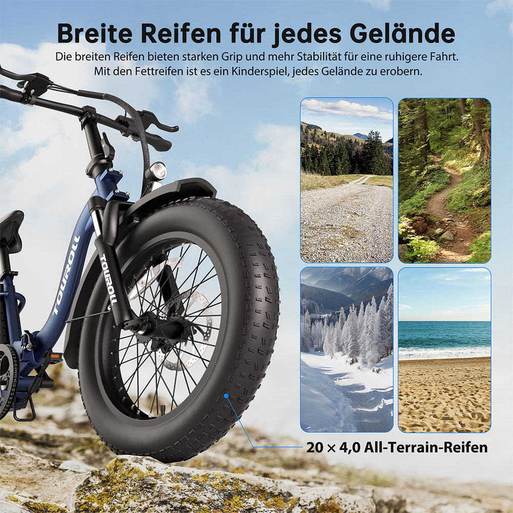 Touroll S2 Elektrofahrrad, 650 W max. Leistung, 48 V 15 Ah Akku, 20 x 4,0 Zoll Reifen, 25 km/h Max. Geschwindigkeit, 150 km max. Reichweite, mechanische Scheibenbremse & E-Bremse, mechanischer Stoßdämpfer, Shimano 7-Gang-Getriebe