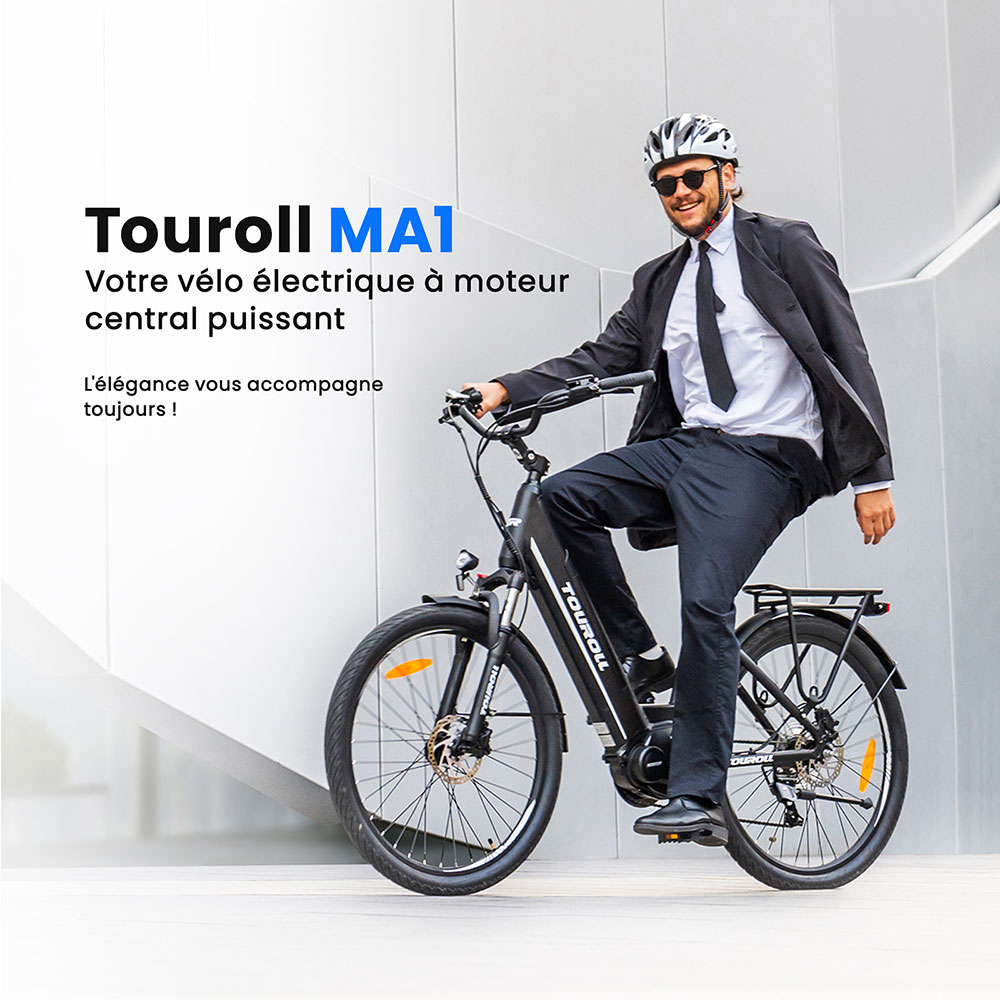 Touroll MA1 Vélo électrique, moteur central 250 W, batterie 36 V 13 Ah, pneus 26 pouces, vitesse maximale 25 km/h, autonomie maximale 110 km, freins à disque hydrauliques, fourche à suspension avec blocage, Shimano 7 vitesses