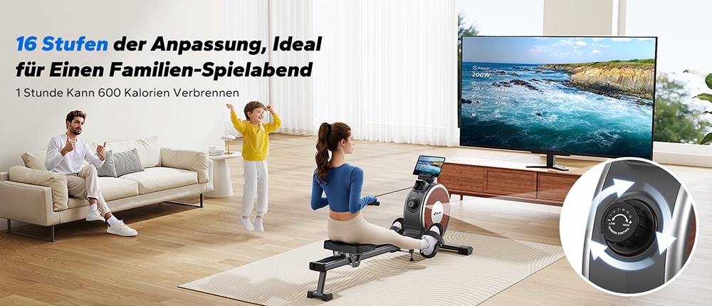 MERACH Q1S Magnetisches Rudergerät, 16-stufiger Widerstand, 160kg Kapazität, Doppelschiene, LCD-Monitor, App-kompatibel, Manuelle Anpassung, Schwarz