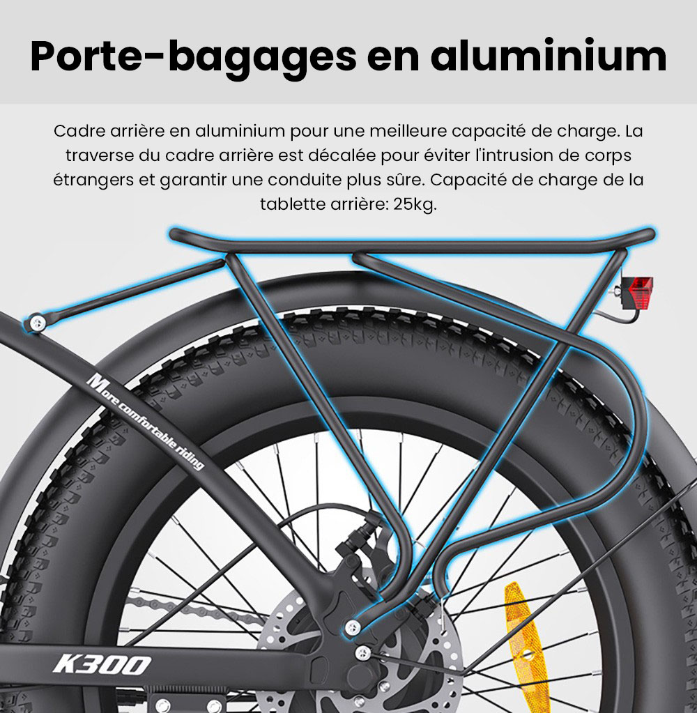 Vélo électrique pliable AVAKA K300, moteur 350 W, batterie 36 V 16 Ah, pneus 20 x 3,0 pouces, vitesse maximale 31 km/h, autonomie 100 km, freins à disque avant et arrière, écran LCD, SHIMANO 7 vitesses - Blanc