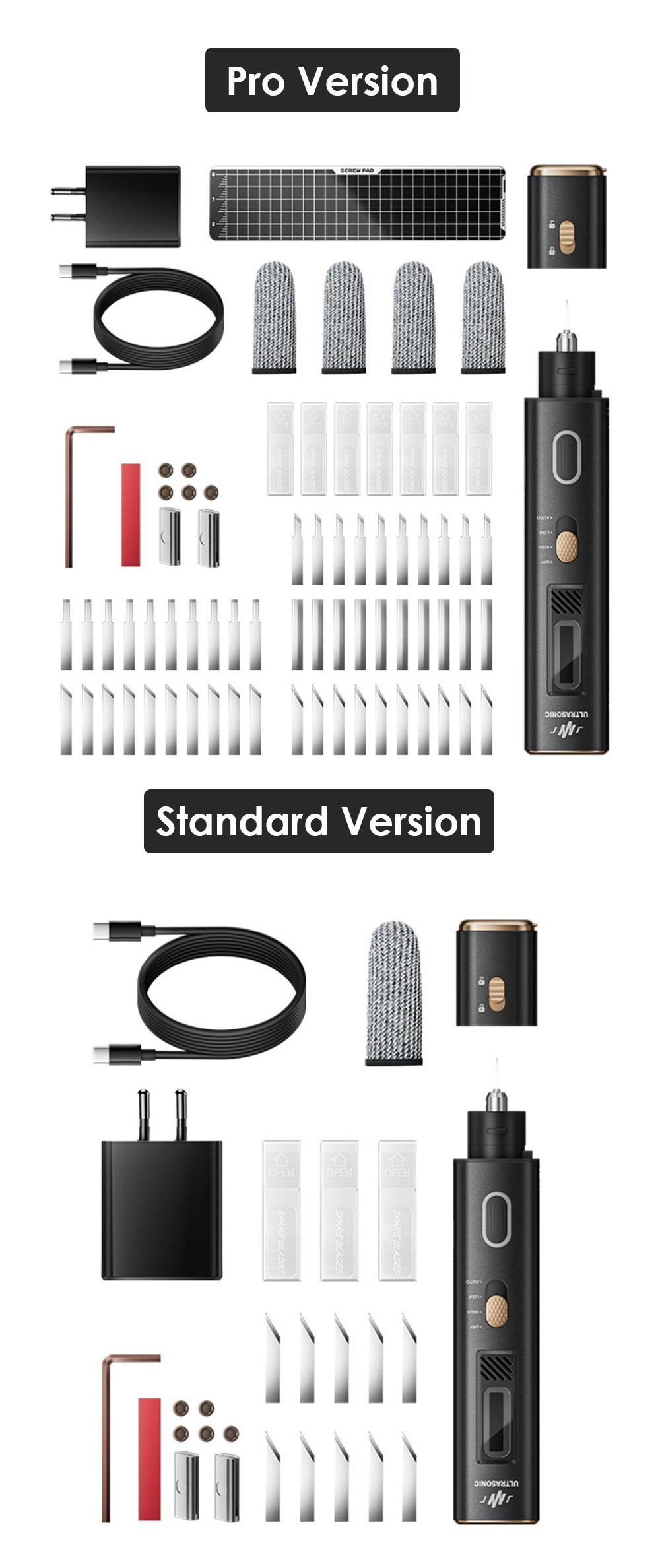 Jakemy JM-Y10 2-in-1 Ultrasonic Cutter & Polisher, 35W 40kHz, OLED Display, for DIY/Medical/Industrial, Model Prototyping & Deburring, 26pcs - EU Plug