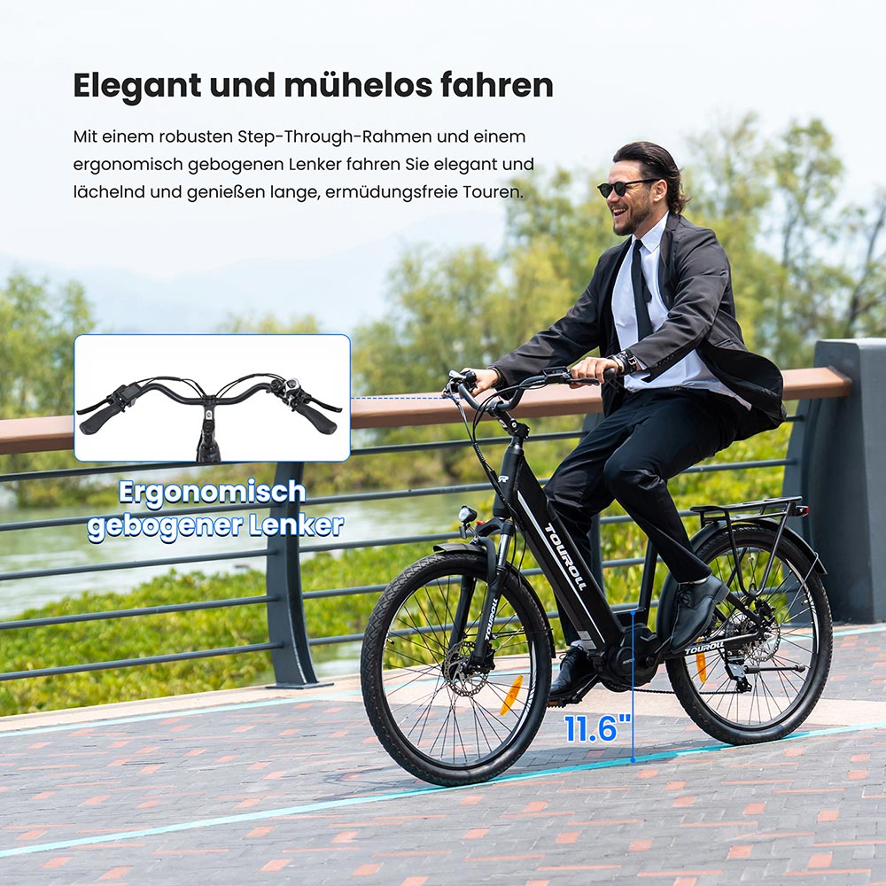 Touroll MA1 Elektrofahrrad, 250-W-Mittelmotor, 36-V-13-Ah-Akku, 26-Zoll-Reifen, 25 km/h Höchstgeschwindigkeit, 110 km maximale Reichweite, hydraulische Scheibenbremsen, Federgabel mit Verriegelung, Shimano 7-Gang