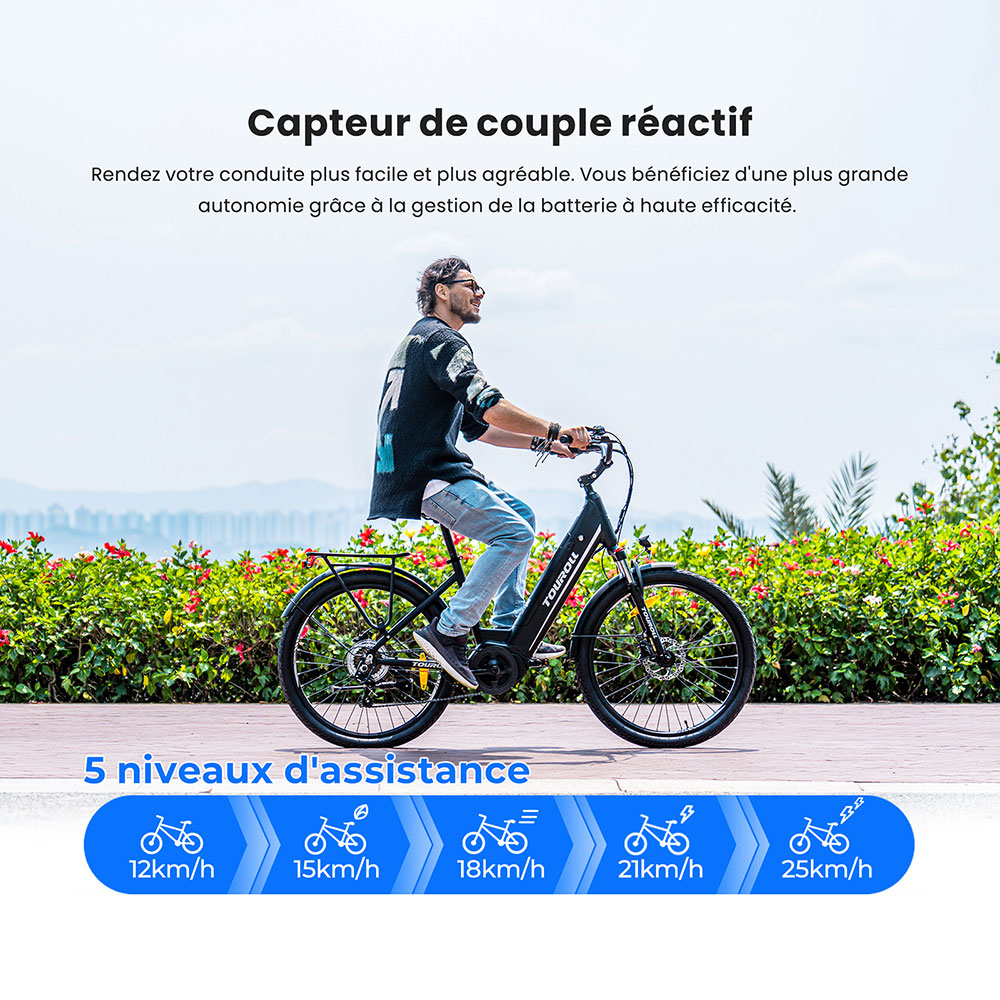 Touroll MA1 Vélo électrique, moteur central 250 W, batterie 36 V 13 Ah, pneus 26 pouces, vitesse maximale 25 km/h, autonomie maximale 110 km, freins à disque hydrauliques, fourche à suspension avec blocage, Shimano 7 vitesses