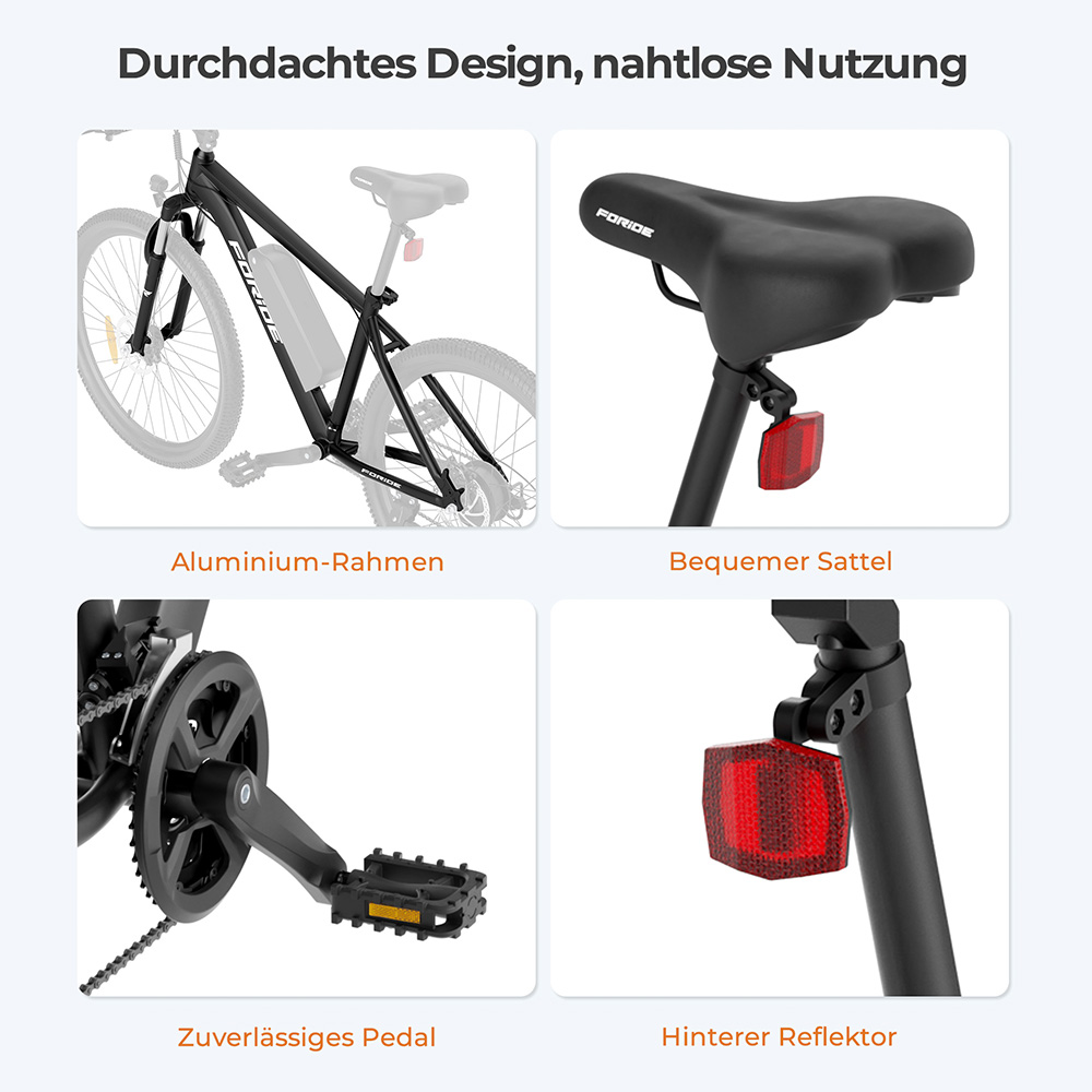 Foride Xtremer 1 Elektrofahrrad, 250W Motor, 36V 13Ah Akku, 29 Zoll Reifen, 25 km/h Höchstgeschwindigkeit, 100 km maximale Reichweite, Scheibenbremse und E-Bremse, Federung mit Sperre, Shimano 21-Gang-Schaltung