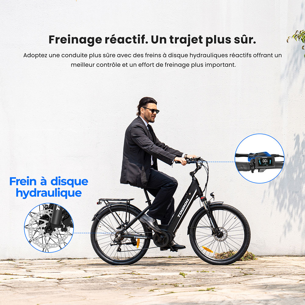 Touroll MA1 Vélo électrique, moteur central 250 W, batterie 36 V 13 Ah, pneus 26 pouces, vitesse maximale 25 km/h, autonomie maximale 110 km, freins à disque hydrauliques, fourche à suspension avec blocage, Shimano 7 vitesses