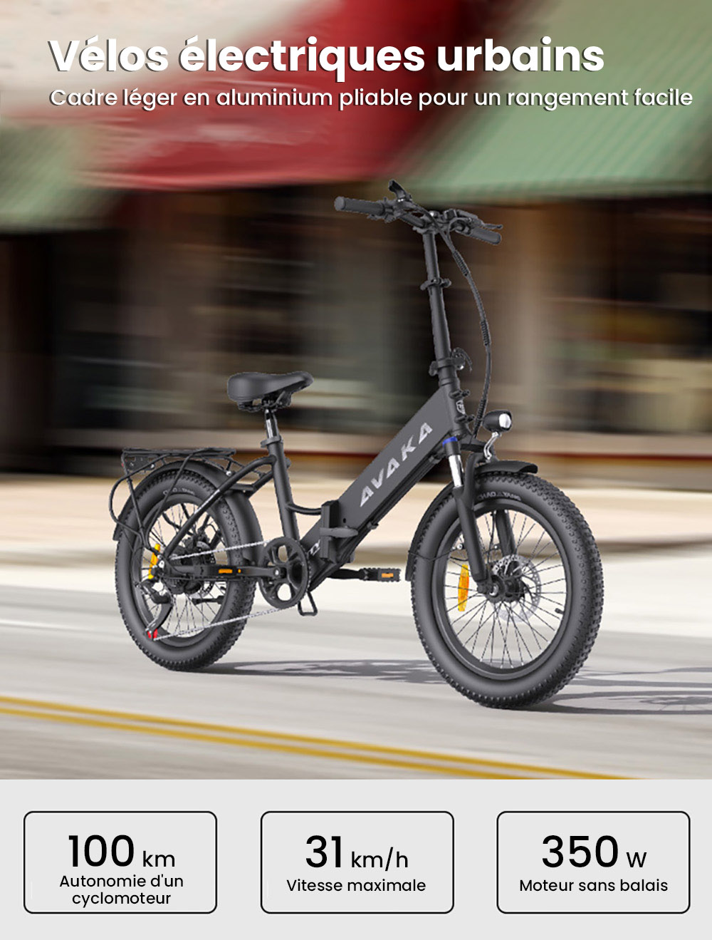 Vélo électrique pliable AVAKA K300, moteur 350 W, batterie 36 V 16 Ah, pneus 20 x 3,0 pouces, vitesse maximale 31 km/h, autonomie 100 km, freins à disque avant et arrière, écran LCD, SHIMANO 7 vitesses - Blanc