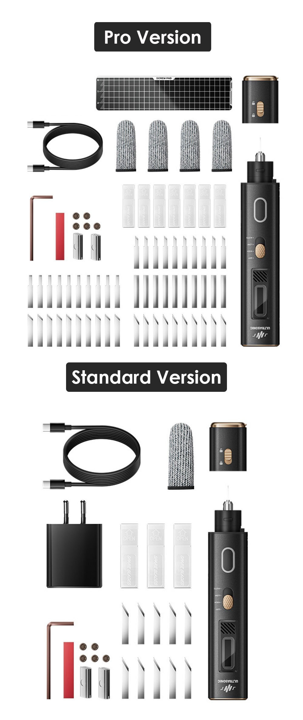 Jakemy JM-Y10 Pro 2-in-1 Ultrasonic Cutter & Polisher, 35W 40kHz, OLED Display, for DIY/Medical/Industrial, Model Prototyping & Deburring, 74pcs - EU Plug
