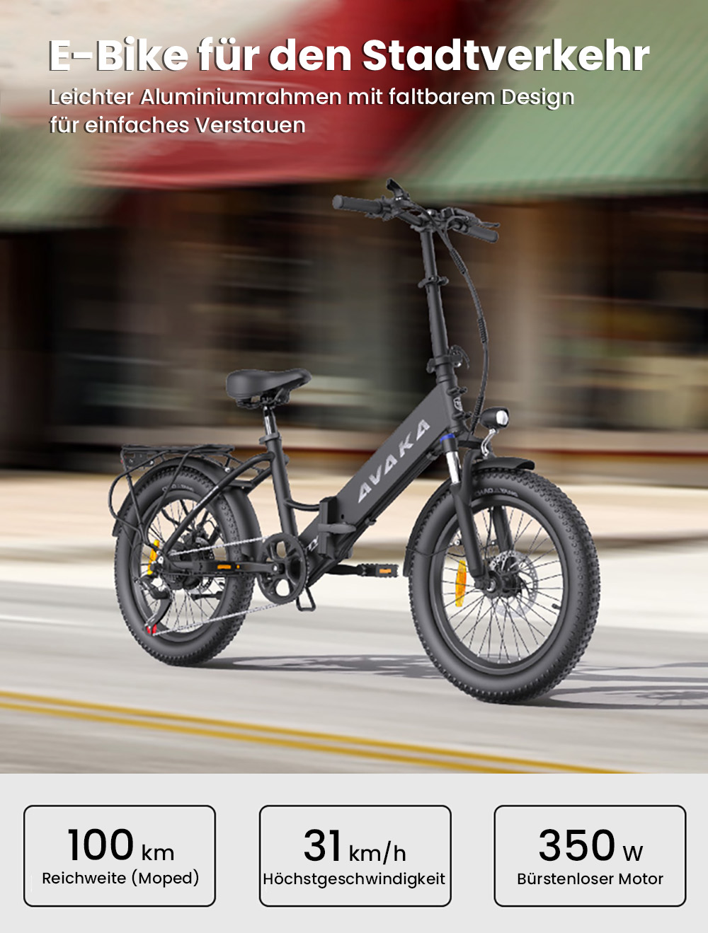 AVAKA K300 Faltbares Elektrofahrrad, 350 W Motor, 36 V 16 Ah Akku, 20 x 3,0 Zoll Reifen, 31 km/h Höchstgeschwindigkeit, 100 km Reichweite, Scheibenbremsen vorne und hinten, LCD-Display, SHIMANO 7-Gang - Weiß