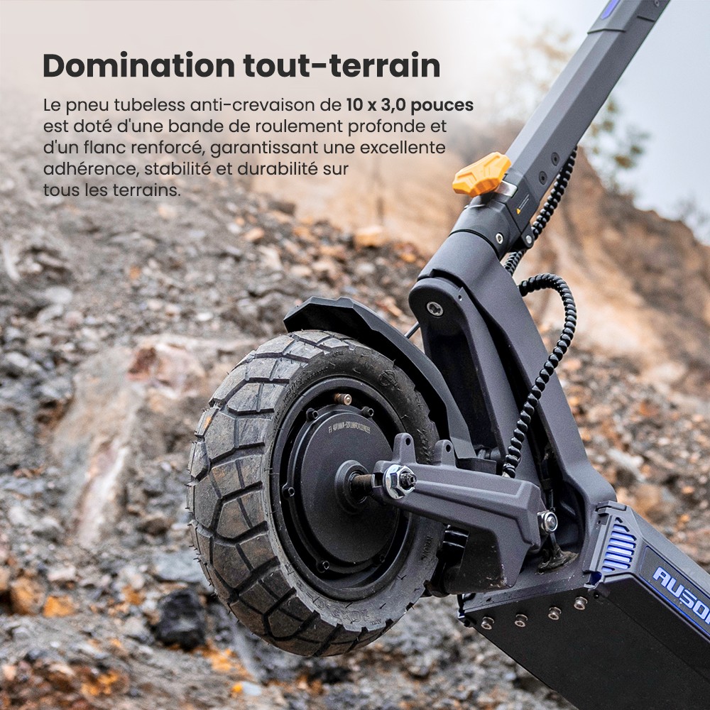 Ausom DT2 Pro Trottinette électrique, moteur 2 x 1 100 W, 52 V 23,4 Ah, pneus 10 x 3 pouces, vitesse maximale de 68 km/h, autonomie maximale de 115 km, freins à disque hydrauliques avant et arrière, suspension à bras oscillant