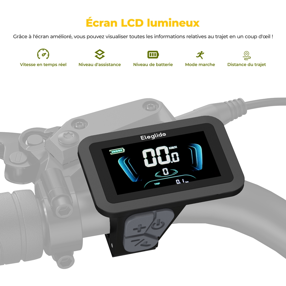 Eleglide C2 Vélo électrique, moteur central 250 W, batterie 36 V 13 Ah, pneus 26 pouces, vitesse maximale 25 km/h, autonomie 100 km, freins à disque hydrauliques, suspension avec blocage, transmission Shimano 7 vitesses