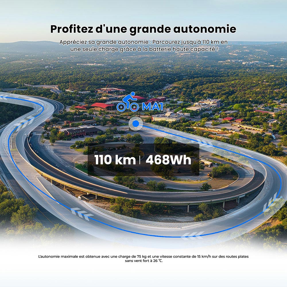 Touroll MA1 Vélo électrique, moteur central 250 W, batterie 36 V 13 Ah, pneus 26 pouces, vitesse maximale 25 km/h, autonomie maximale 110 km, freins à disque hydrauliques, fourche à suspension avec blocage, Shimano 7 vitesses