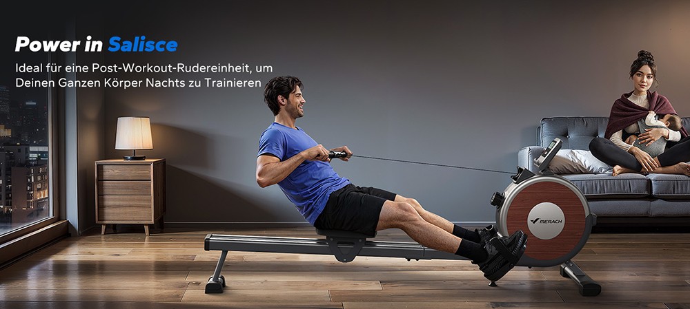 MERACH Q1S Magnetisches Rudergerät, 16-stufiger Widerstand, 160kg Kapazität, Doppelschiene, LCD-Monitor, App-kompatibel, Manuelle Anpassung, Schwarz