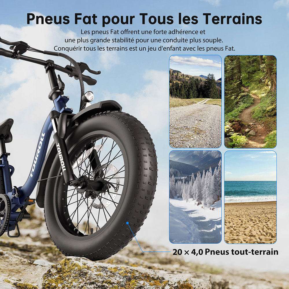 Touroll S2 Vélo électrique, puissance maximale de 650 W, batterie 48 V 15 Ah, pneu 20 x 4,0 pouces, vitesse maximale de 25 km/h, autonomie maximale de 150 km, frein à disque mécanique et frein électrique, amortisseur mécanique, Shimano 7 vitesses