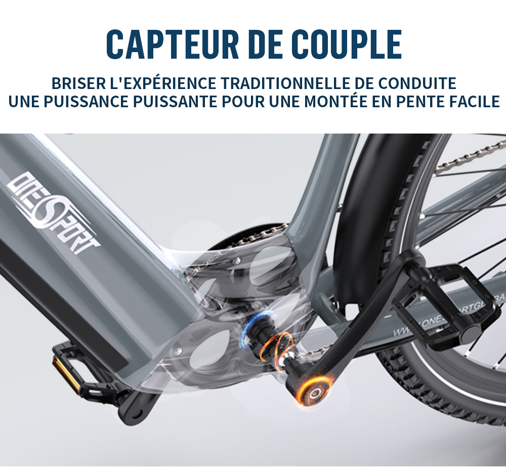 Onesport OT05 Pro Vélo électrique, moteur 250 W, batterie 36 V 22,5 Ah, pneus 700 x 50 C, vitesse maximale 25 km/h, autonomie 140 km, freins à disque hydrauliques, fourche à suspension avant, transmission Shimano 7 vitesses - Gris